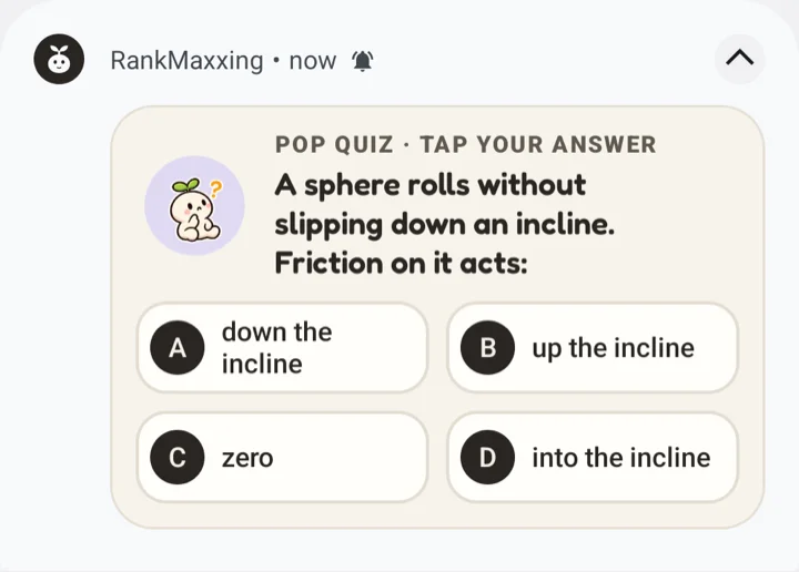 Notification: a pop quiz with four answer buttons