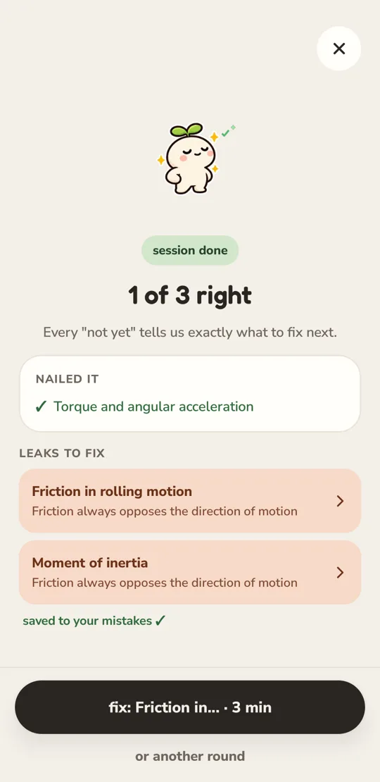 App screen: session done, 3 of 3 right