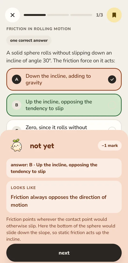 App screen: a not-yet answer with the misconception named