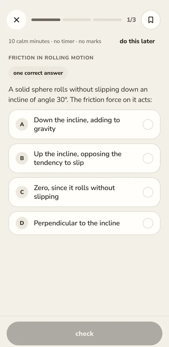App screen: a JEE question on friction in rolling motion
